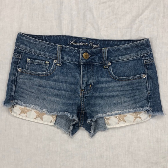American Eagle Women’s CutOff Peak-A-Boo Glitter Star Pockets Jean Shorts/Size:4 - Picture 1 of 10